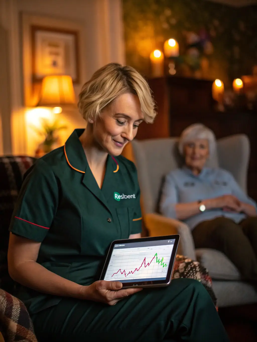 A professional caregiver using a tablet to document patient information, showcasing the integration of technology in care management.