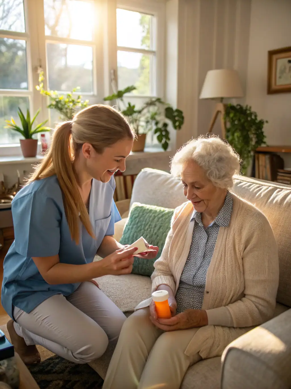 A caregiver smiling while assisting an elderly woman with her medication in a sunny living room, emphasizing the rewarding aspects of caregiving.