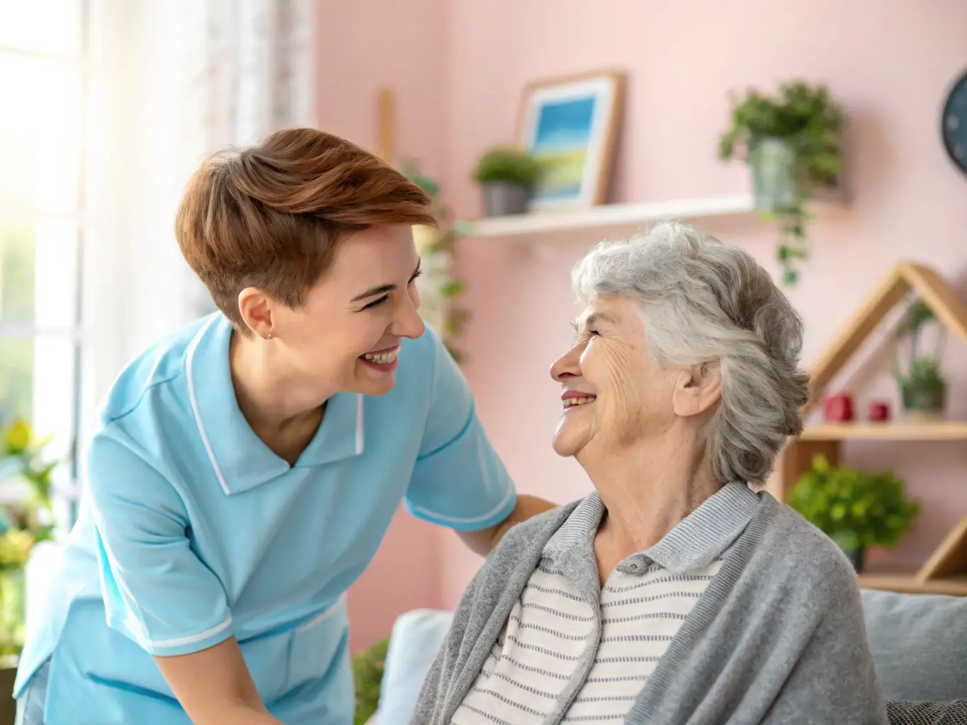 A caregiver assisting an elderly woman in her home, both smiling warmly, symbolizing the compassionate care provided through CareLink.